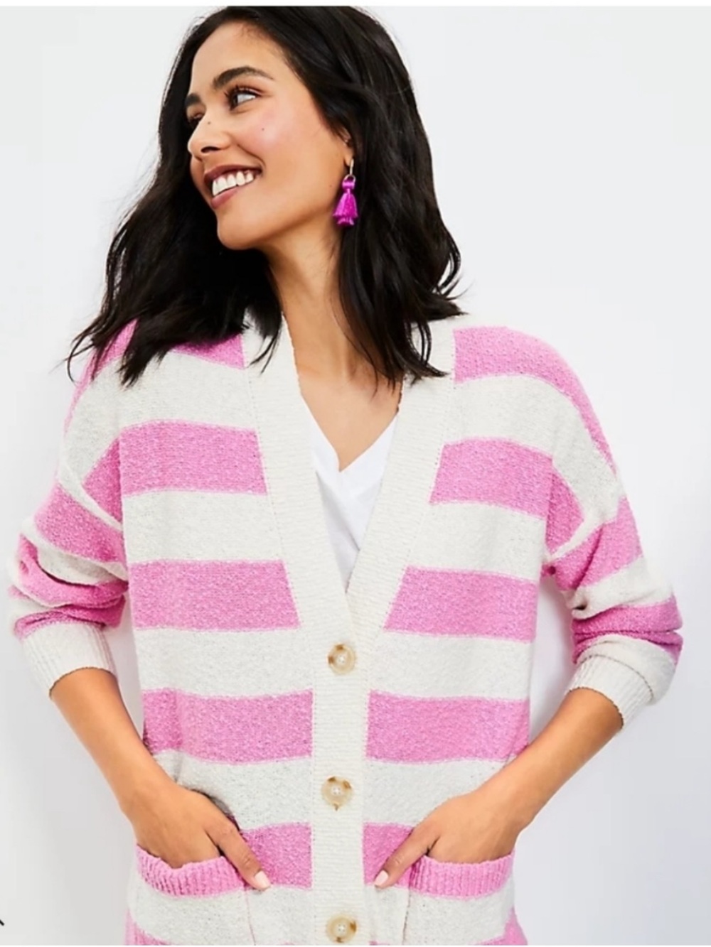 LOFT Pink and Cream Striped Cozy Button Cardigan